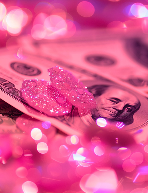 A one hundred dollar bill covered in pink glitter